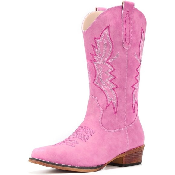 Women's Pink Western Boots Cowgirl Boots Pull On Pointy Toe Mid Calf Boots - Picture 1 of 6